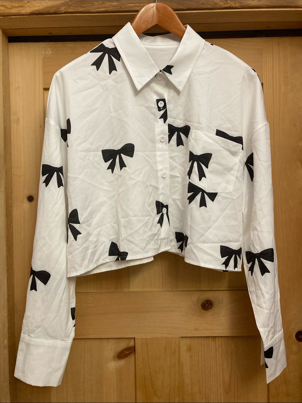 SHEIN White Cropped Boxy Fit Button-Down Shirt with Black Bow Print